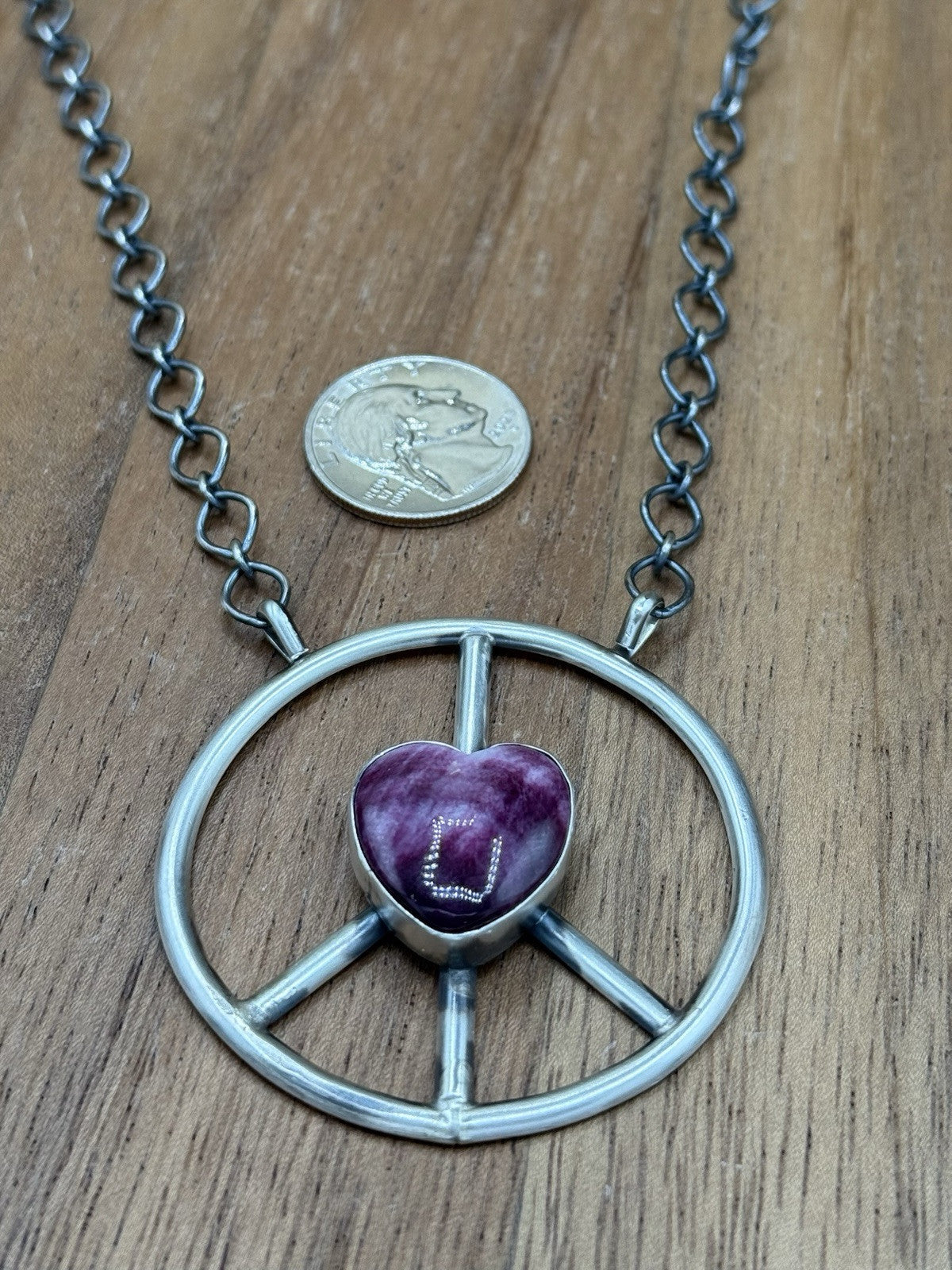 Navajo handmade Sterling Silver Purple Spiny Oyster Peace Hippie Necklace 18”