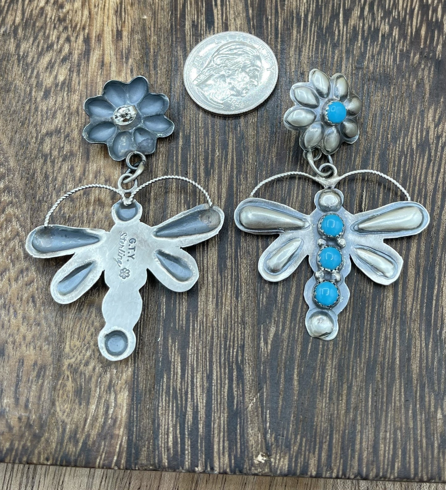 Navajo Handmade Sterling Silver Kingman Turquoise Dragonfly Post Dangle Earrings