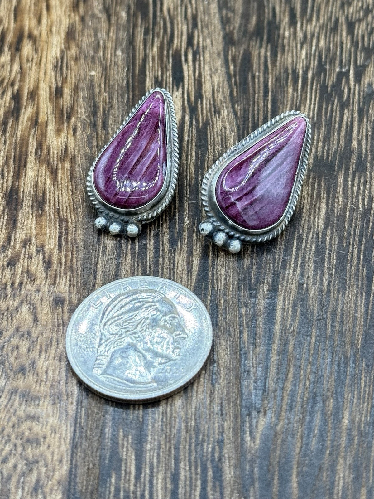 Navajo Handmade Sterling Silver Purple Spiny Oyster Post Earrings By Byron Begay