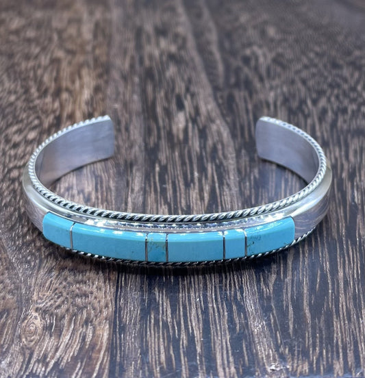 Navajo Handmade Sterling Silver Kingman Turquoise Inlay Bracelet Francis Yazzie