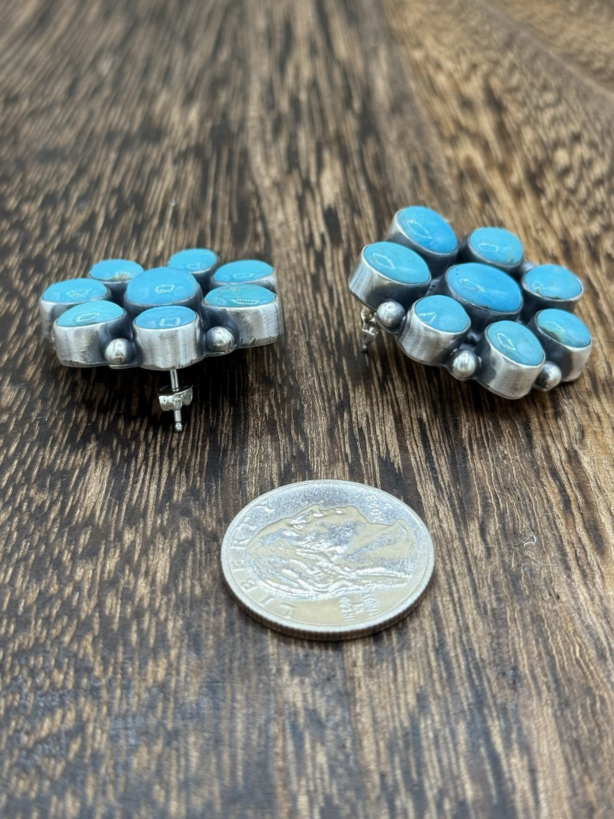 Navajo Handmade Sterling Silver Kingman Turquoise Cluster Earrings Tricia Smith