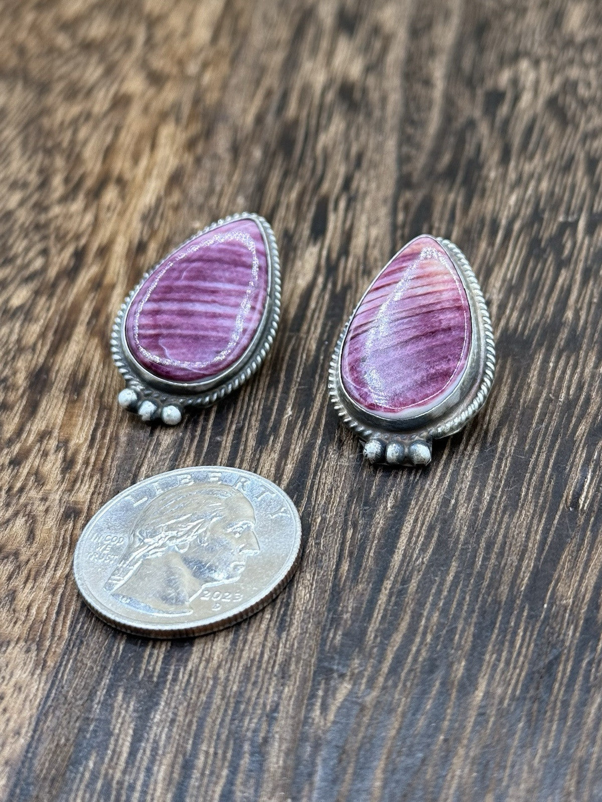 Navajo Handmade Sterling Silver Purple Spiny Oyster Post Earrings By Byron Begay