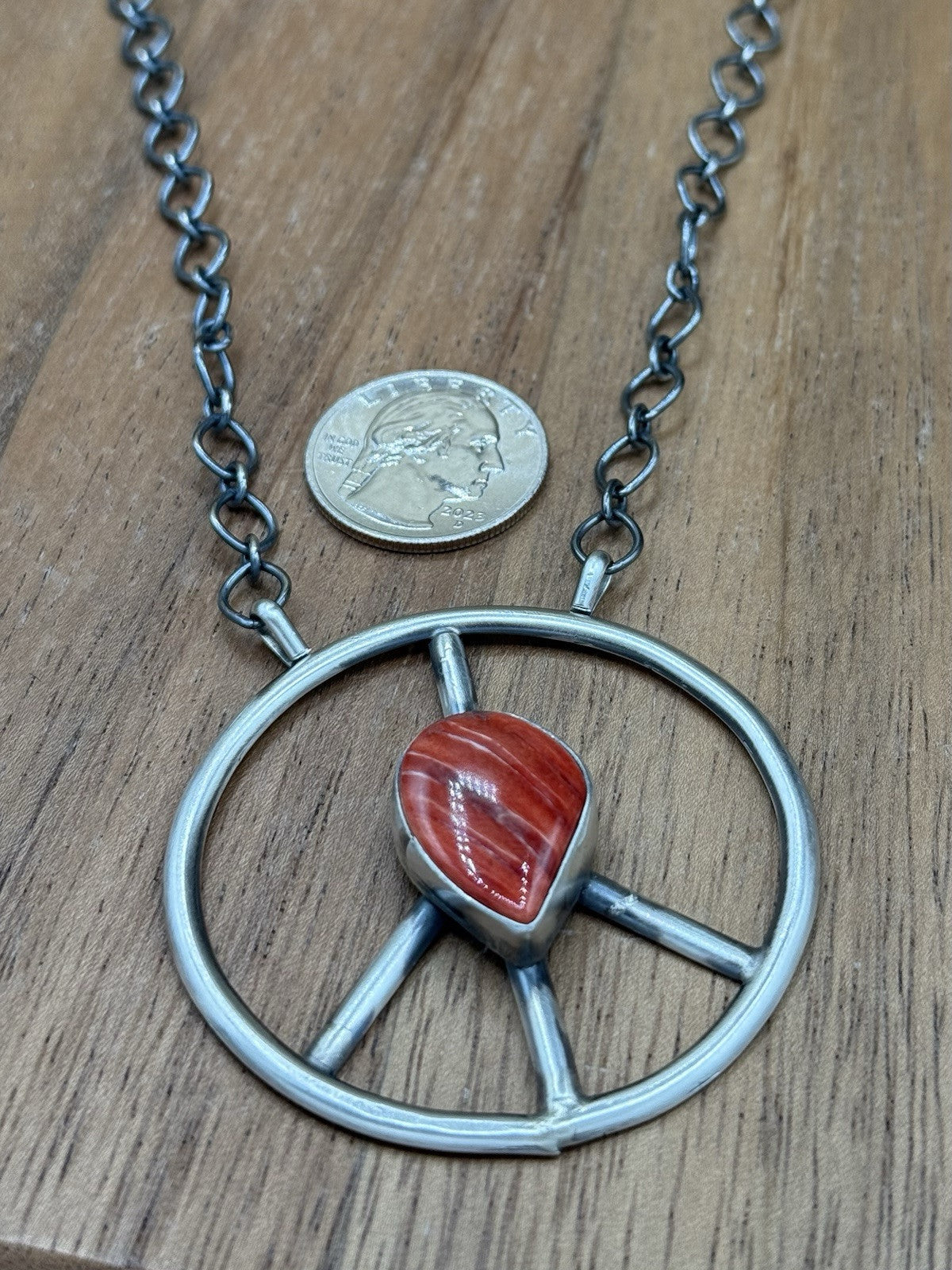 Navajo handmade Sterling Silver Red Spiny Oyster Peace Hippie Necklace 18”