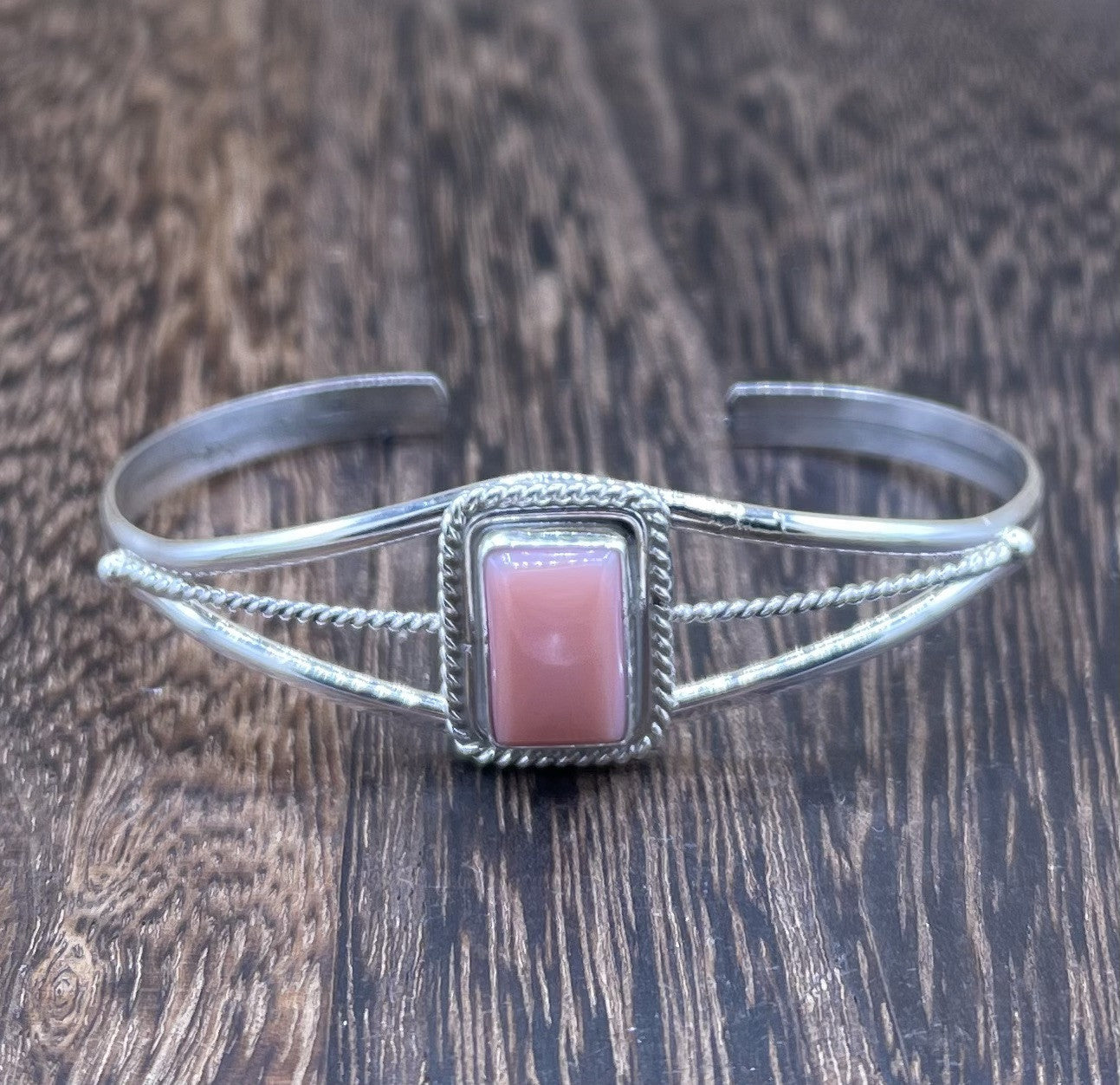 Navajo Handmade Sterling Silver Pink Conch Rectangular Bracelet By Peggy Skeets