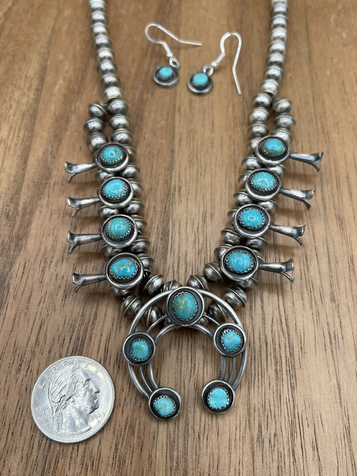 Navajo Handmade Sterling Silver Turquoise Shadowbox Squash Blossom Necklace 17”