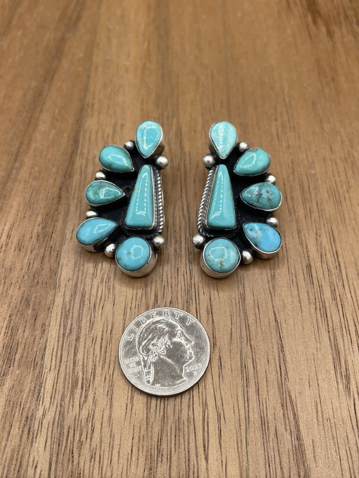 Navajo Handmade Sterling Silver Kingman Turquoise Half Cluster Earrings Tricia S