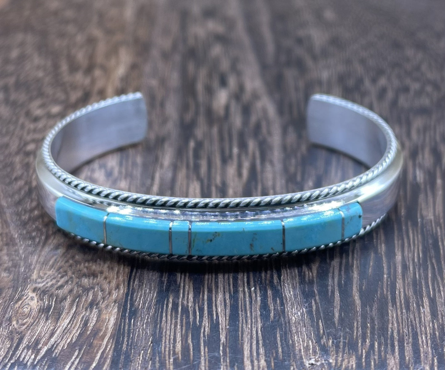 Navajo Handmade Sterling Silver Kingman Turquoise Inlay Bracelet Francis Yazzie