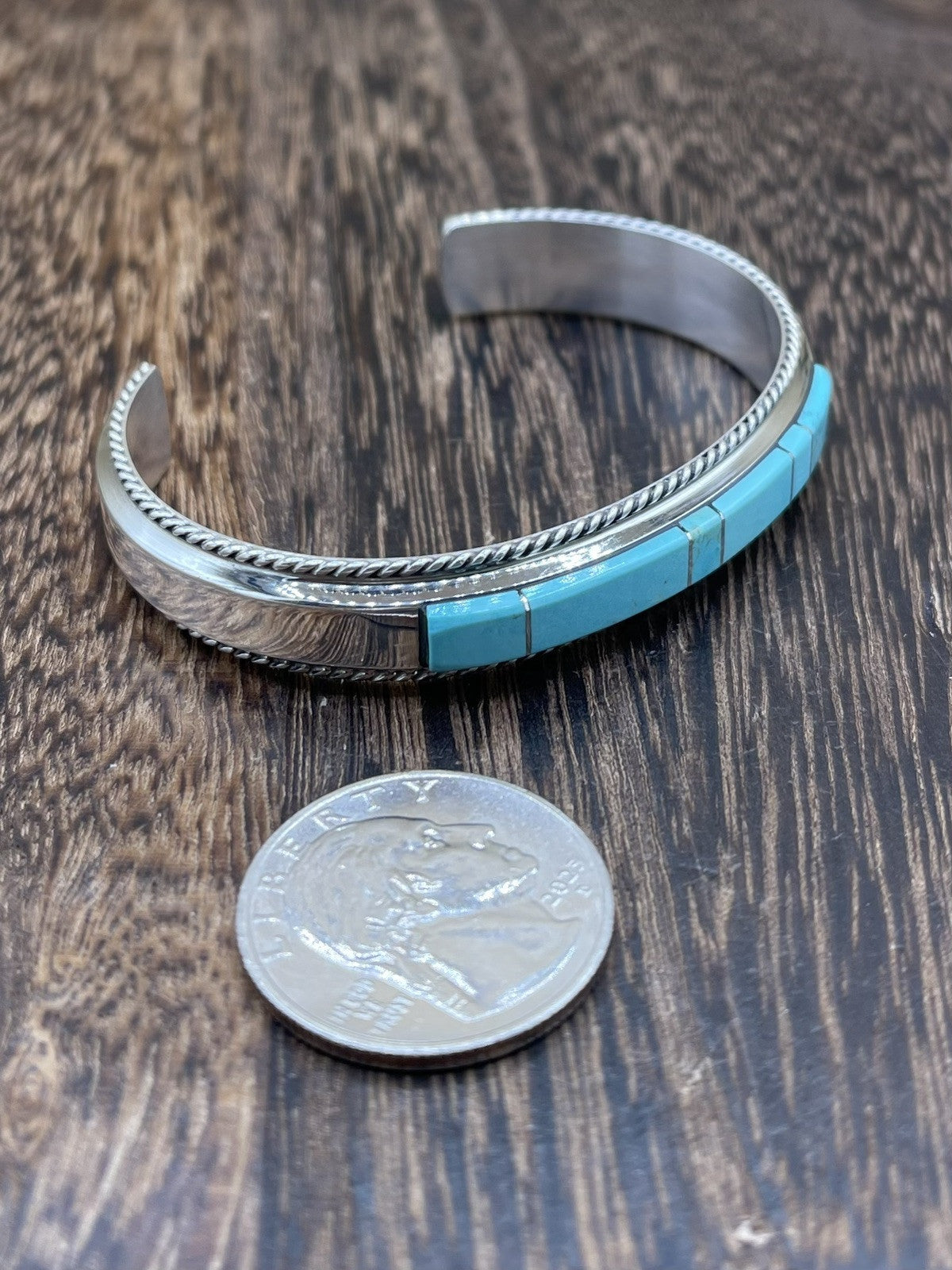 Navajo Handmade Sterling Silver Kingman Turquoise Inlay Bracelet Francis Yazzie