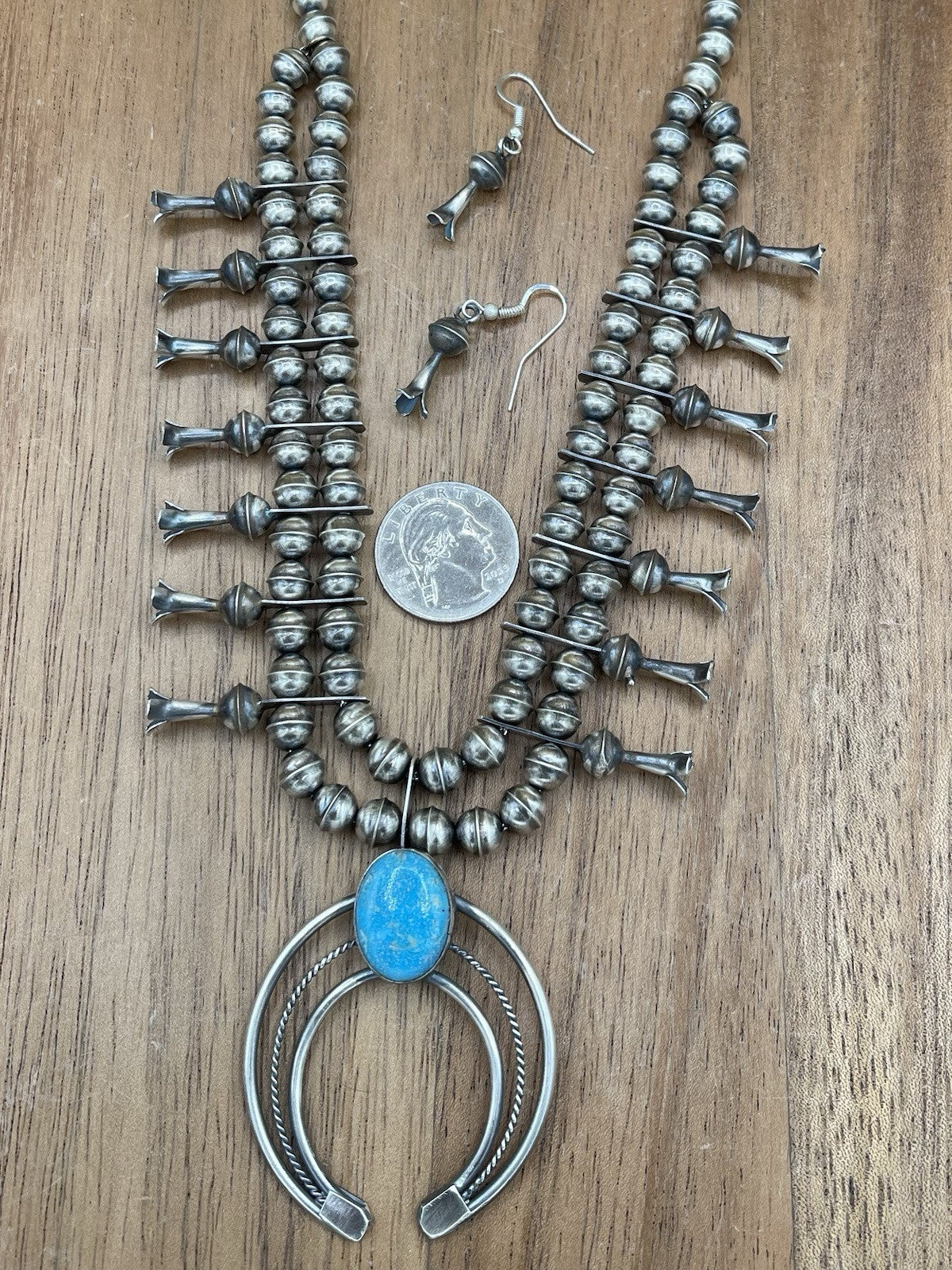 Native American Navajo Handmade Silver Kingman Turquoise Squash Blossom Set 18”