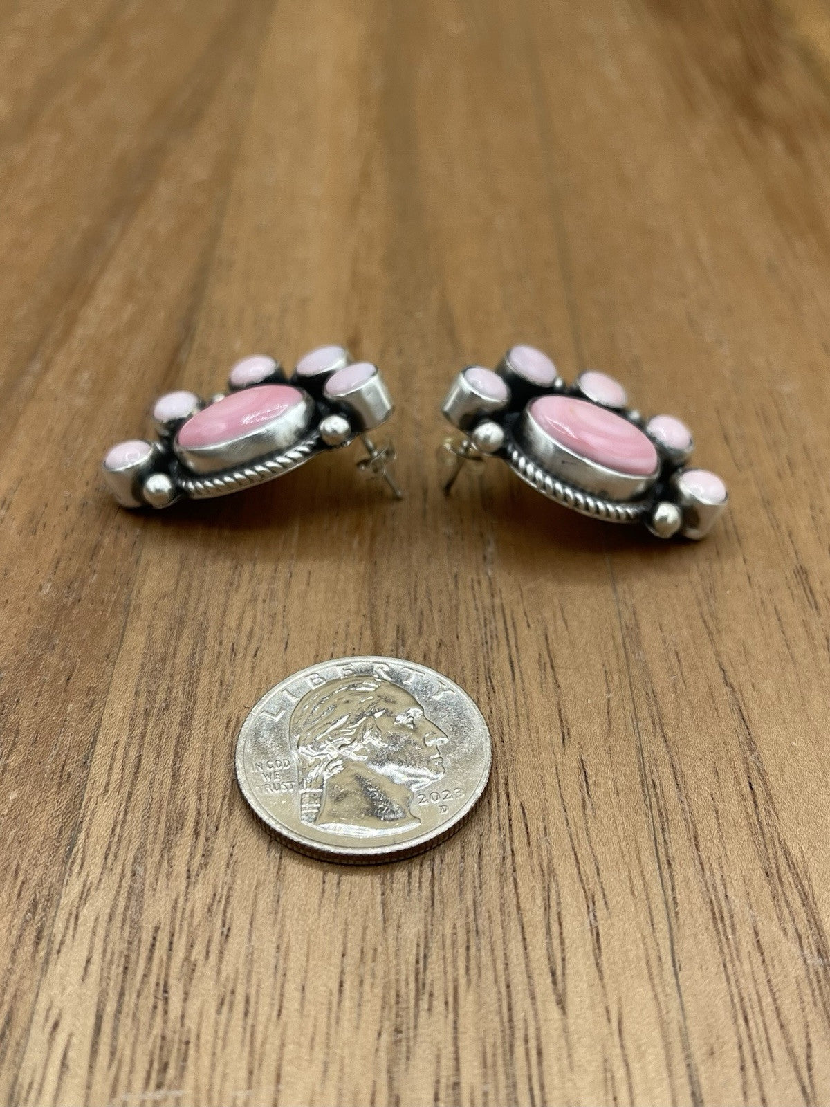 Navajo Handmade Sterling Silver Pink Conch Half Cluster Earrings By Tricia Smith