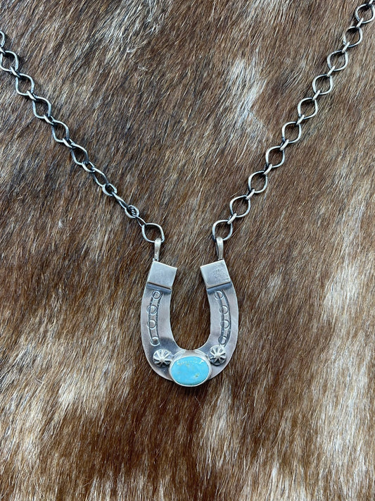 Navajo Handmade Sterling Silver Kingman Turquoise Horseshoe Bar Necklace 18”