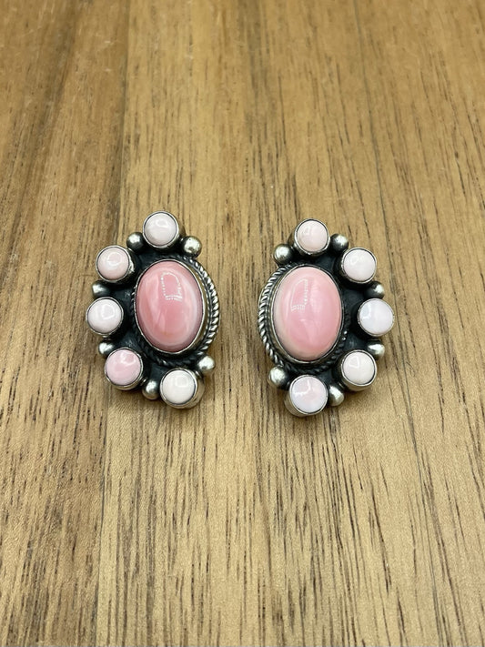 Navajo Handmade Sterling Silver Pink Conch Half Cluster Earrings By Tricia Smith