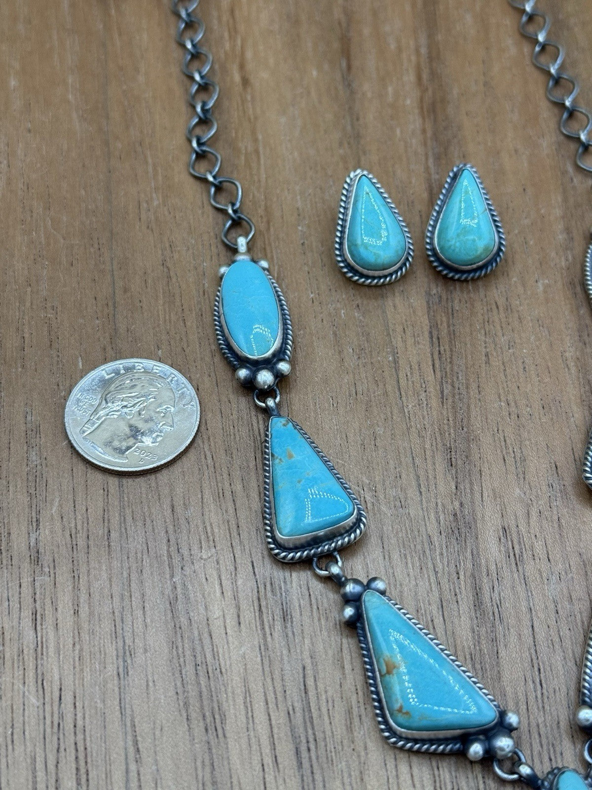 Navajo Handmade Sterling Silver Blue Glacier Turquoise Lariat Necklace Set 20”
