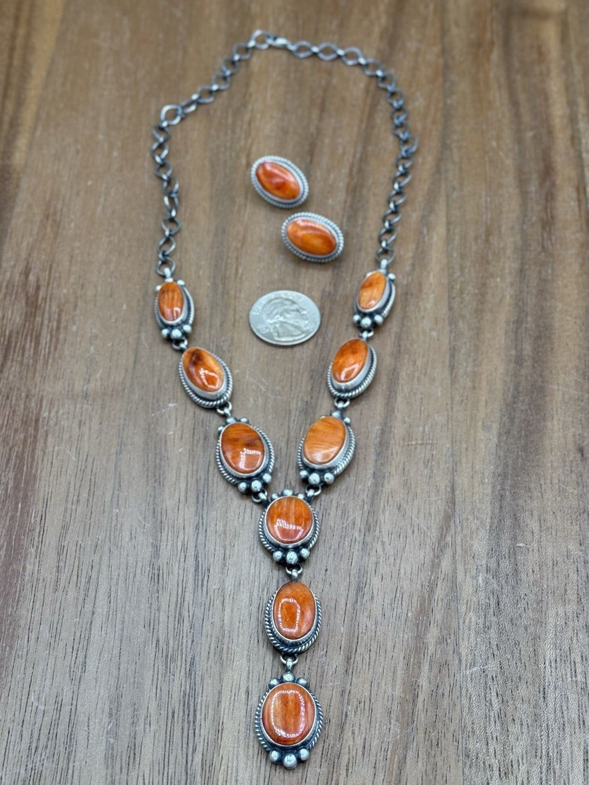 Navajo Handmade Sterling Silver Orange Spiny Oyster Lariat Necklace Set 20”