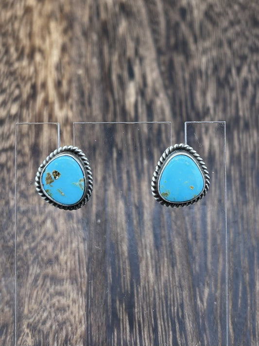 Navajo Handmade Sterling Silver Kingman Turquoise Post Stud Earrings Byron Begay