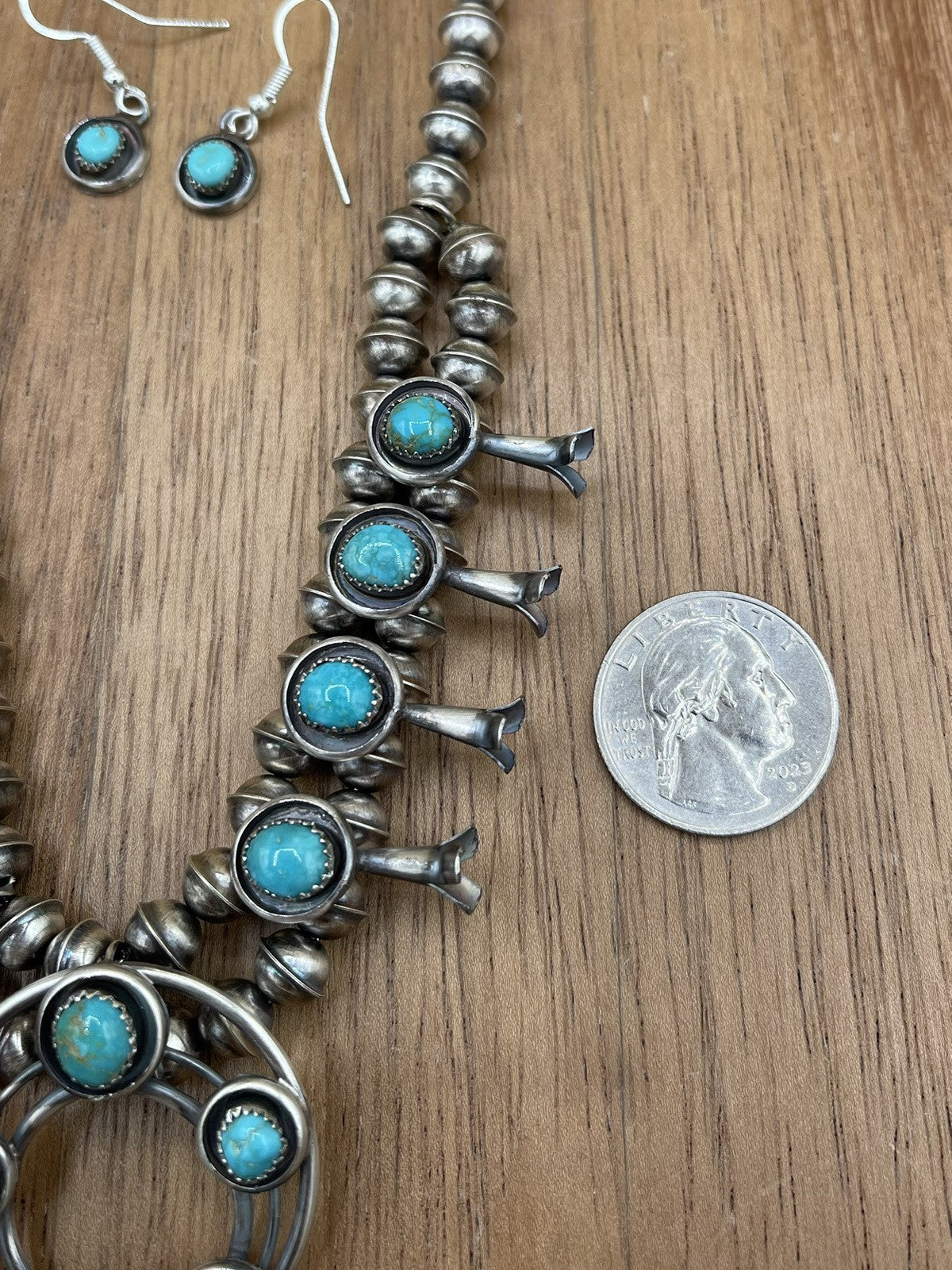 Navajo Handmade Sterling Silver Turquoise Shadowbox Squash Blossom Necklace 17”