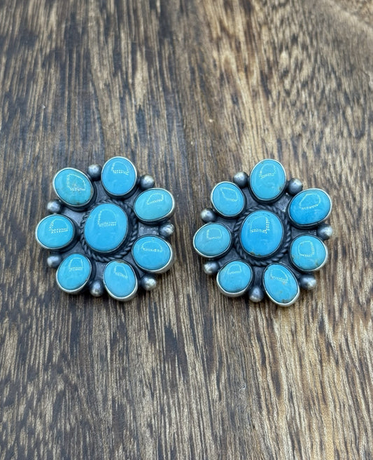 Navajo Handmade Sterling Silver Kingman Turquoise Cluster Earrings Tricia Smith