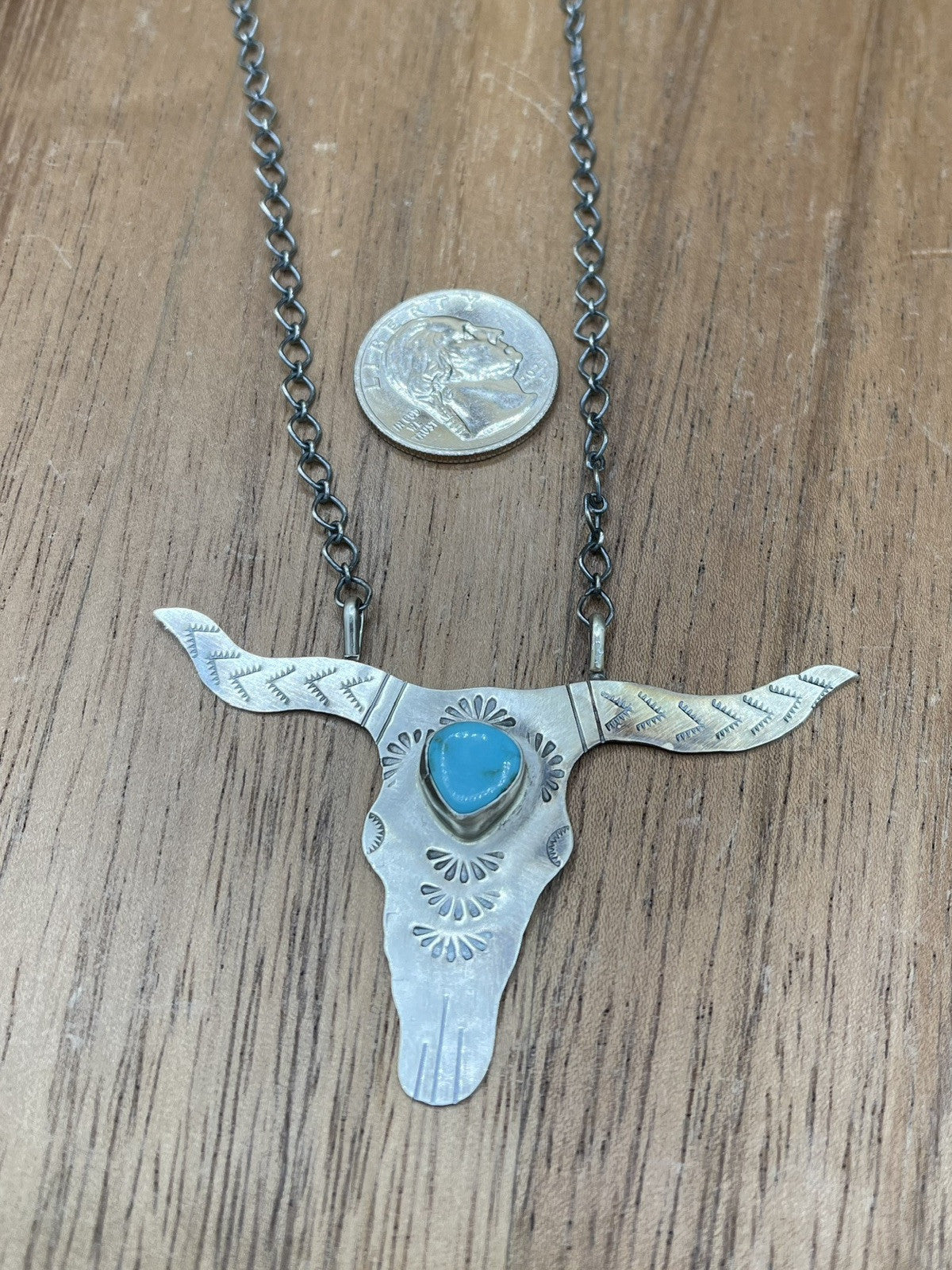 Navajo Handmade Sterling Silver Kingman Turquoise Longhorn Necklace By Betta Lee