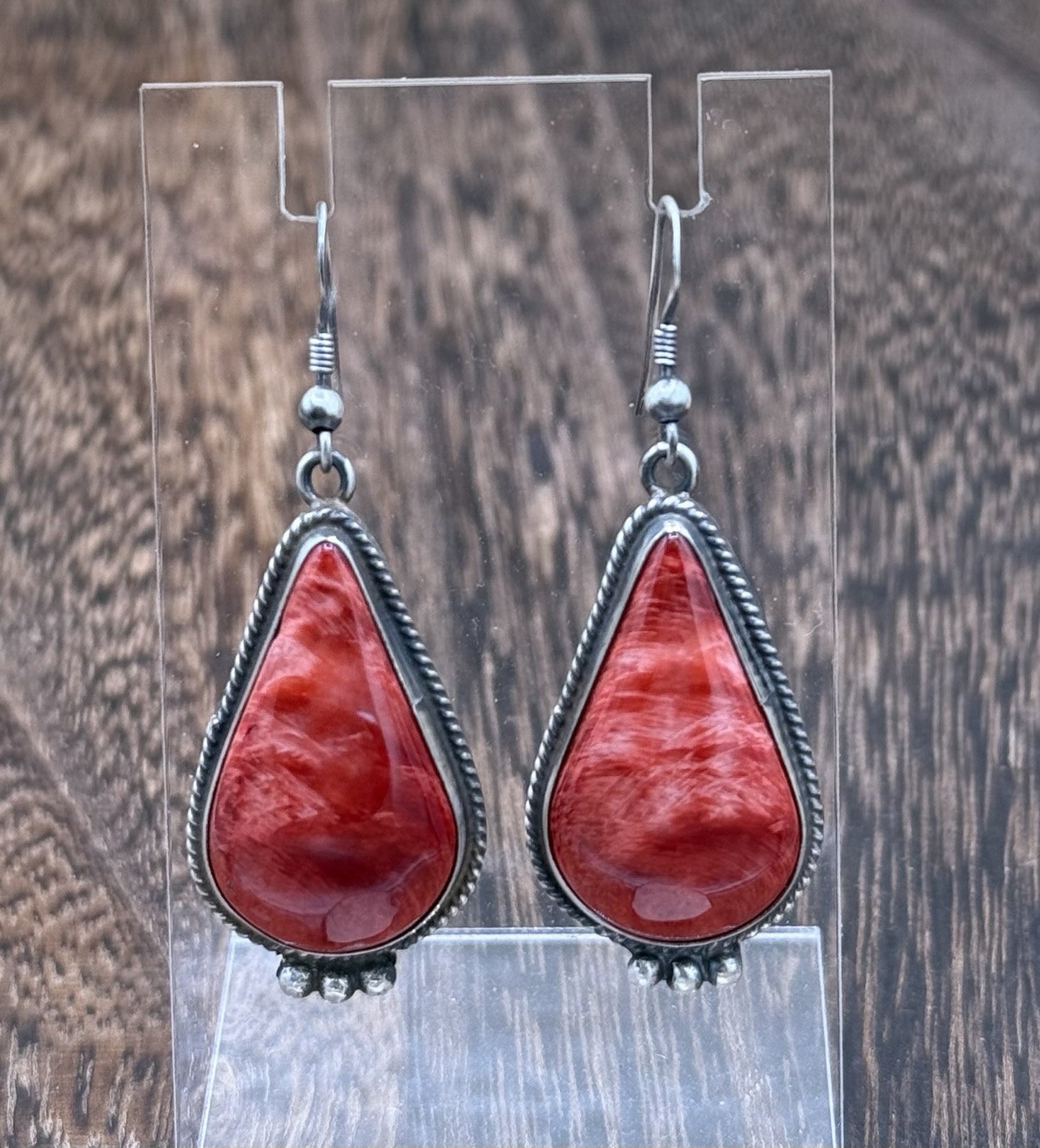 Navajo Handmade Sterling Silver Red Spiny Oyster Dangle Earrings By Byron Begay