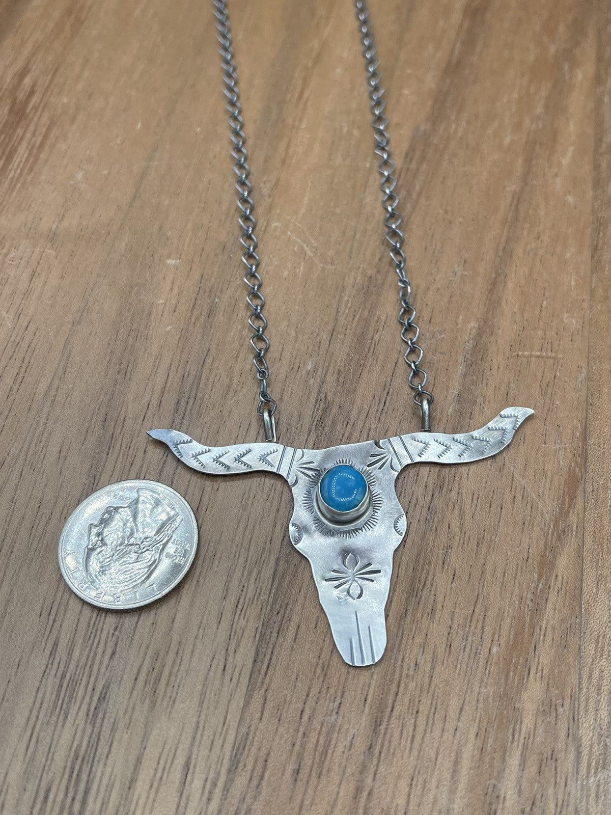 Navajo Handmade Sterling Silver Kingman Turquoise Longhorn Necklace By Betta Lee