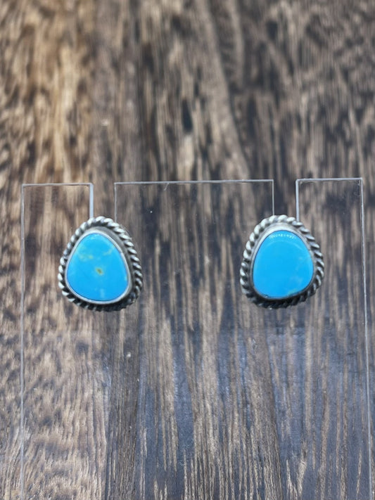 Navajo Handmade Sterling Silver Kingman Turquoise Post Stud Earrings Byron Begay