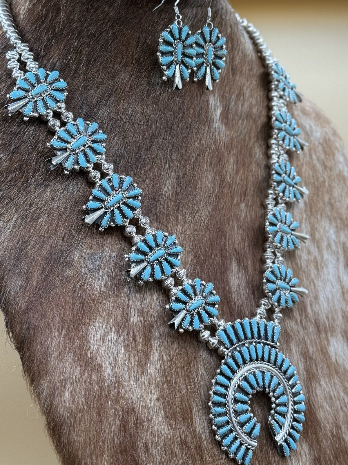 Navajo Handmade Sterling Silver Turquoise Squash Blossom Necklace 22” Mathilda B