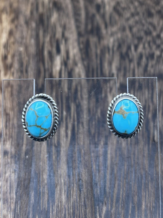 Navajo Handmade Sterling Silver Kingman Turquoise Post Stud Earrings Byron Begay