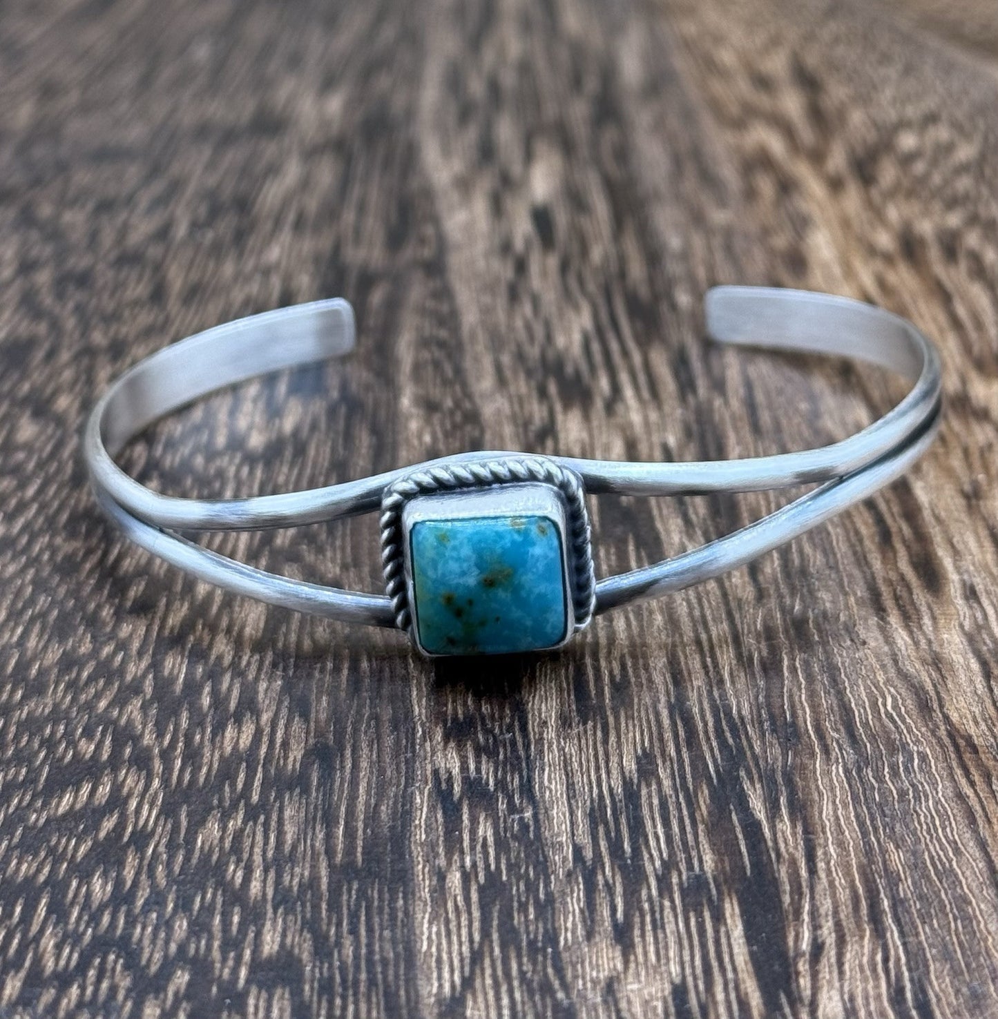 Navajo Handmade Sterling Silver Kingman Turquoise Stacker Old Look Bracelet