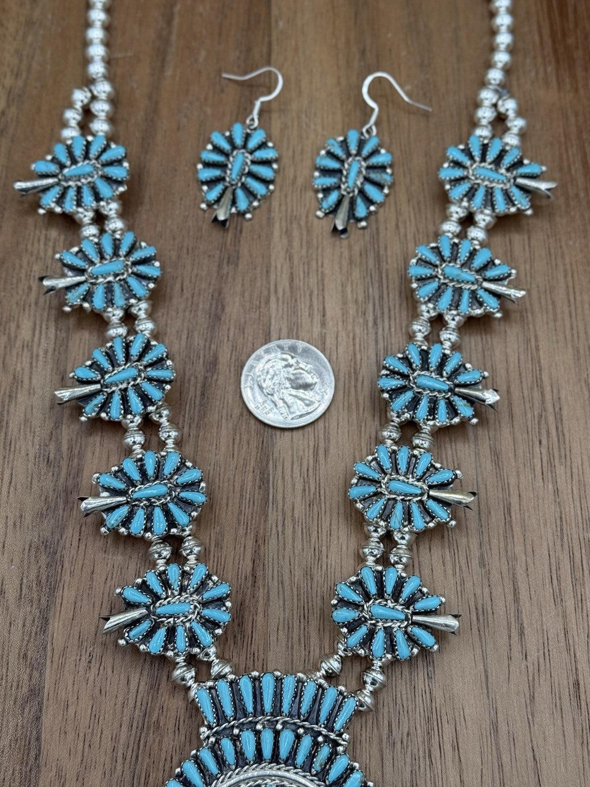 Navajo Handmade Sterling Silver Turquoise Squash Blossom Necklace 22” Mathilda B
