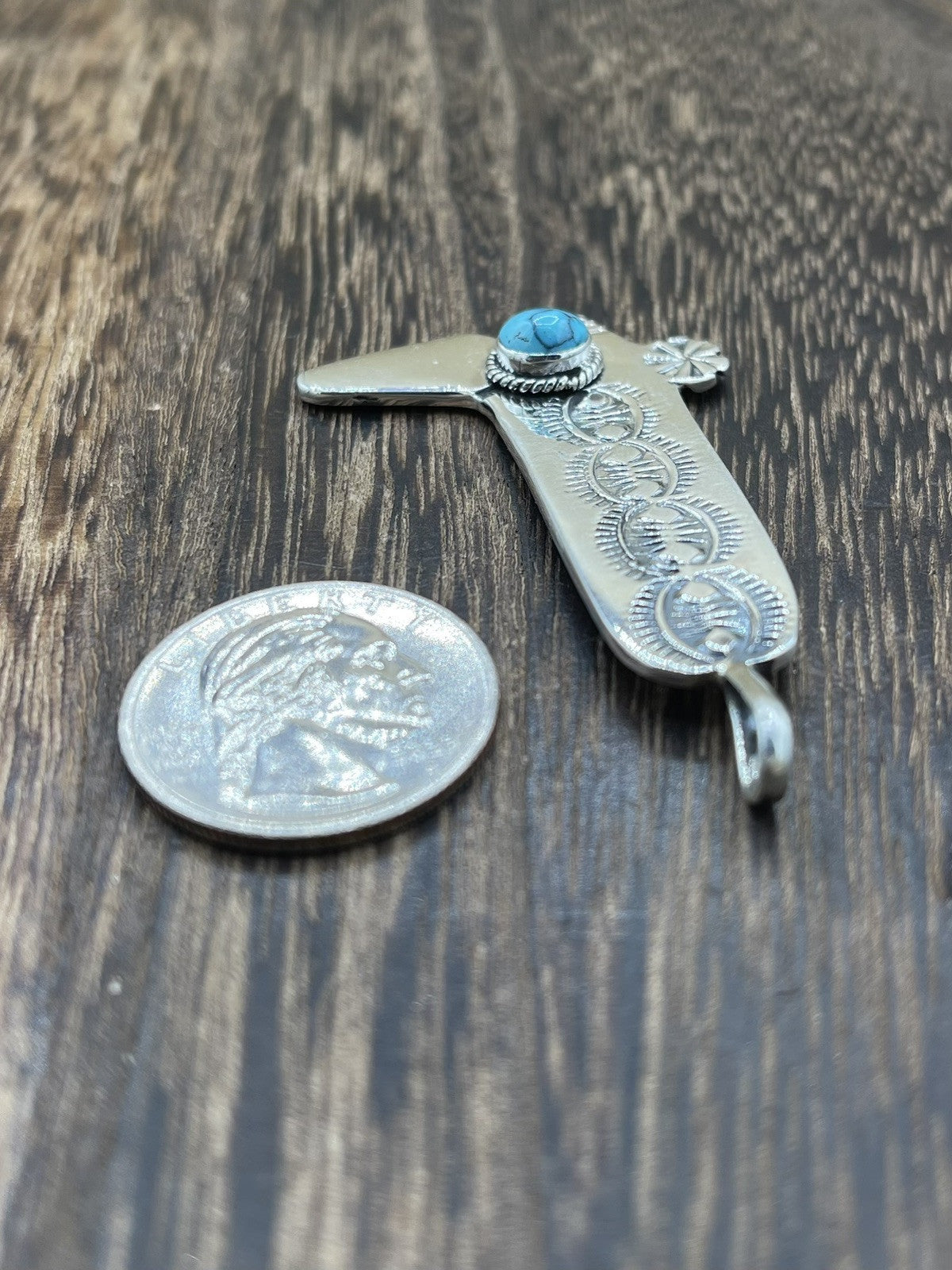 Navajo Handmade Sterling Silver Kingman Turquoise Stamped Cowboy Boot Pendant