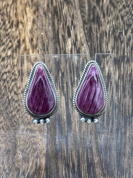 Navajo Handmade Sterling Silver Purple Spiny Oyster Post Earrings By Byron Begay