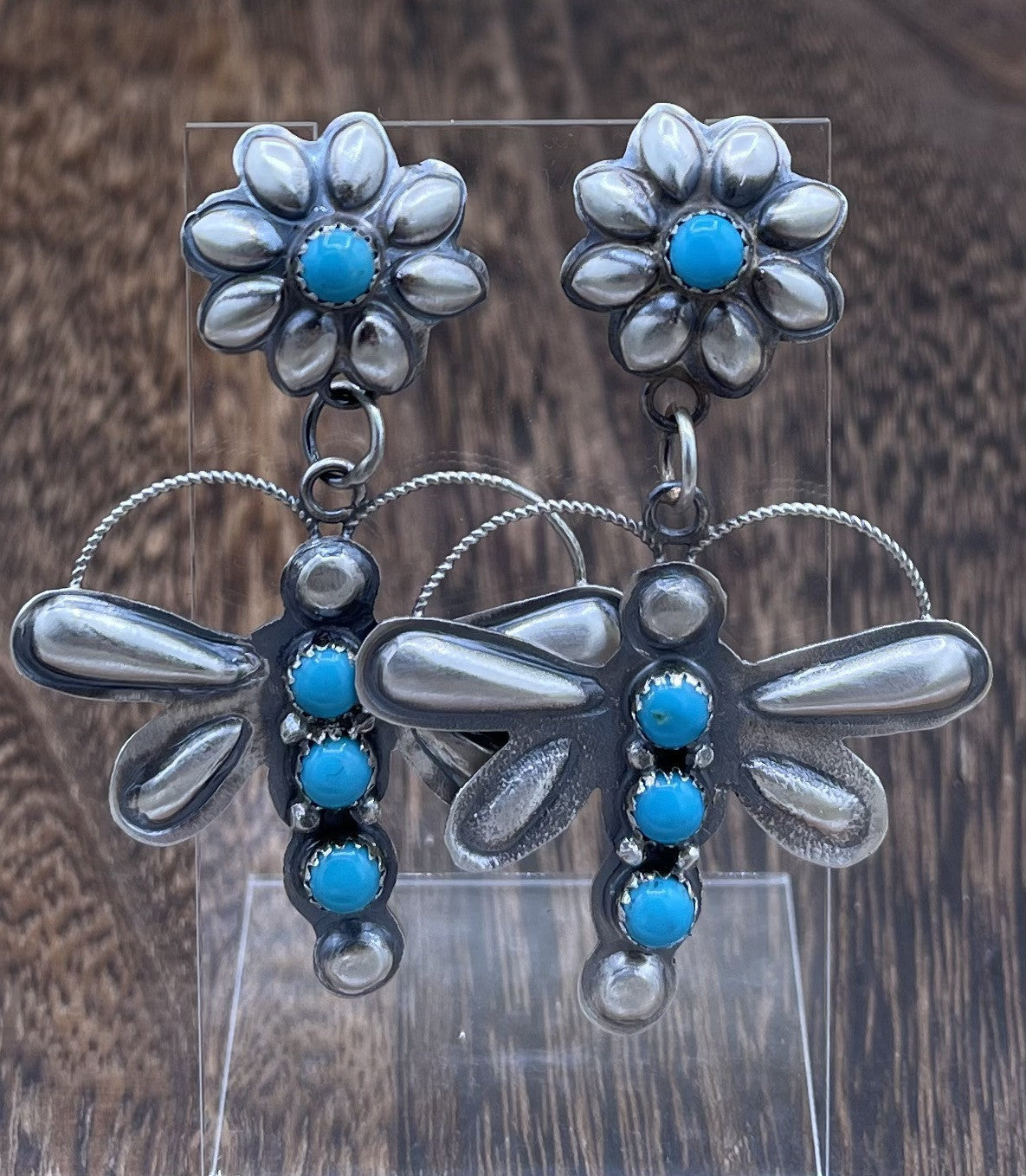 Navajo Handmade Sterling Silver Kingman Turquoise Dragonfly Post Dangle Earrings