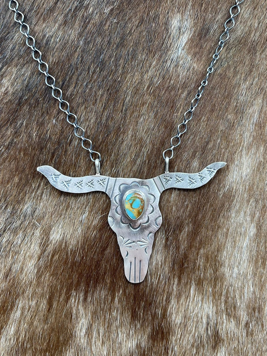 Navajo Handmade Sterling Silver Kingman Turquoise Longhorn Necklace By Betta Lee